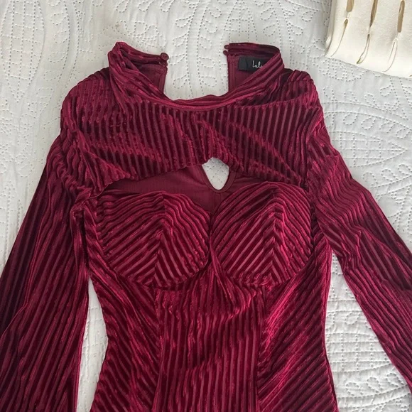LULUS Always Alluring Burgundy Striped Velvet Cutout Bustier Bodysuit XS - Picture 7 of 12